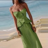 Women Holiday Strapless Pleated Top and Skirt Two Piece Set