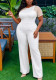 Plus Size Women White Beaded Mesh Slash Shoulder Short Sleeve Wide Leg Jumpsuit