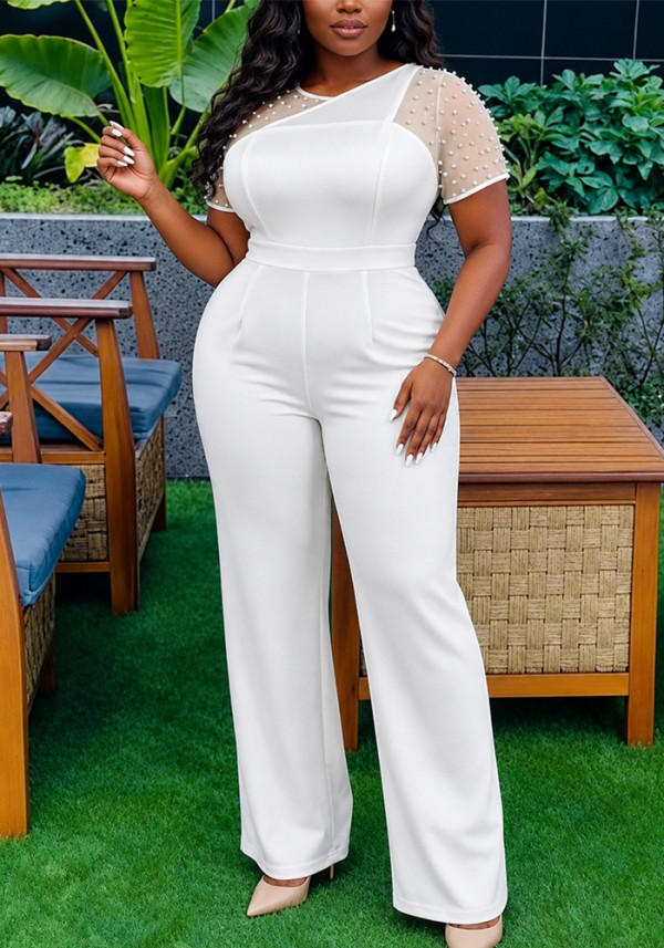 Plus Size Women White Beaded Mesh Slash Shoulder Short Sleeve Wide Leg Jumpsuit