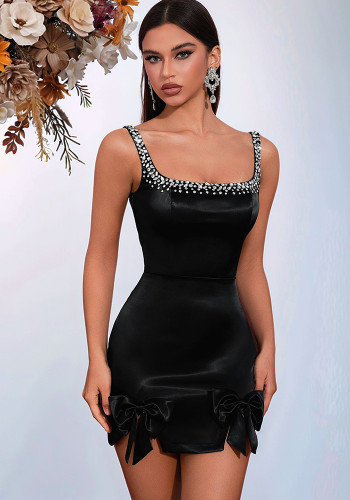 Women Summer Rhinestone Strap Bow Mini Evening Dress
