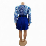 Women Summer Printed Long Sleeve V Neck Leopard Top and Pleated Skirt Two Piece Set