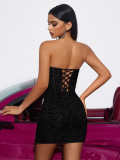 Women Black Strapless Sequin Boned Waist Zipper Slit Mini Evening Dress