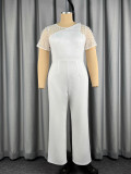 Plus Size Women White Beaded Mesh Slash Shoulder Short Sleeve Wide Leg Jumpsuit