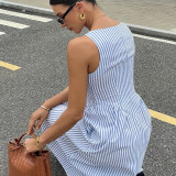 Women French Blue And White Striped Summer Strap Dress