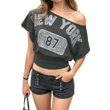 Women American Letter Print Irregular Slash Shoulder Short Sleeve Crop Top