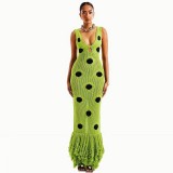 Women Autumn Sexy Knitted Black Polka Dot Tassel Bodycon Maxi Dress