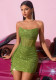 Women Strapless Boned Mesh See-Through Sequin Bodycon Mini Evening Dress
