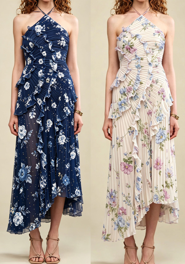 Women Halter Neck Pleated Ruffle Maxi Dress