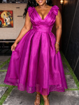 Sexy V-Neck Bow Sleeveless Dress High-Waist Elegant Formal Party Gown