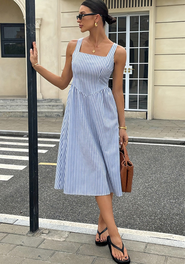 Women French Blue And White Striped Summer Strap Dress