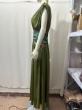 Women Ethnic Pleated Print Patchwork Sleeveless Casual Maxi Dress