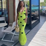 Women Autumn Sexy Knitted Black Polka Dot Tassel Bodycon Maxi Dress