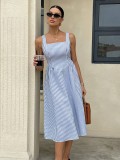 Women French Blue And White Striped Summer Strap Dress