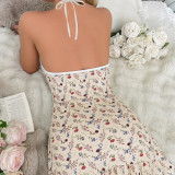 Women Floral Halter Neck Lace Bow Ruffle Slip Nightgown Set