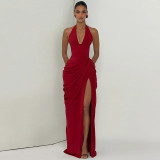 Women Summer Halter Neck Backless Solid Ruched Sexy Slit Bodycon Dress