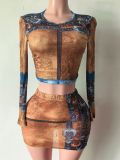 Women Sexy Printed Mesh Top and Skirt Two Piece Set