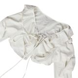 Women Long Sleeve Tie Top and Ruffle Lace-Up Pants Two Piece Set