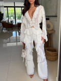Women Long Sleeve Tie Top and Ruffle Lace-Up Pants Two Piece Set
