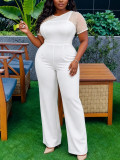 Plus Size Women White Beaded Mesh Slash Shoulder Short Sleeve Wide Leg Jumpsuit