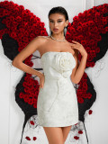 Women Summer Strapless Floral Jacquard White Mini Evening Dress