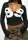 Women Spring Summer Sexy Letter Print U Neck Long Sleeve Crop T-shirt