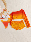 Women Gradient Halter Neck Tie Sexy Slash Shoulder Long Sleeve Top and Shorts 4 Piece Swimwear Set