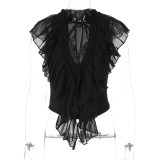 Women Summer Sexy V Neck Ruffle Patchwork Lace-Up Sleeveless Top