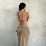 Women Summer Halter Neck Hollow Out Backless Ruched Bodycon Dress