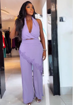 Plus Size Women Summer Tie Sleeveless V Neck Lace Trim Top and Diagonal Irregular Pants Two Piece Set Plus Size Women Summer Tie Sleeveless V Neck Lace Trim Top and Diagonal Irregular Pants Two Piece Set
