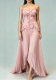 Women Ruched Solid Floral Applique Irregular Shiny Ruffle Edge Top and Pleated Midi Skirt Two Piece Set
