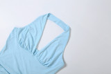 Women Summer Halter Neck Backless Solid Ruched Sexy Slit Bodycon Dress