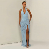 Women Summer Halter Neck Backless Solid Ruched Sexy Slit Bodycon Dress