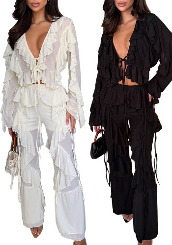 Women Long Sleeve Tie Top and Ruffle Lace-Up Pants Two Piece Set