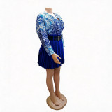 Women Summer Printed Long Sleeve V Neck Leopard Top and Pleated Skirt Two Piece Set