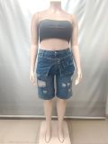 Women Fake Two Piece Summer Ripped Five-Pocket Denim Shorts