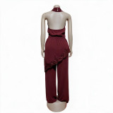 Plus Size Women Summer Tie Sleeveless V Neck Lace Trim Top and Diagonal Irregular Pants Two Piece Set