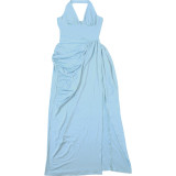 Women Summer Halter Neck Backless Solid Ruched Sexy Slit Bodycon Dress
