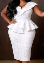 Plus Size Women White Jacquard Slash Shoulder Ruffle Formal Party Bodycon Dress Plus Size Women White Jacquard Slash Shoulder Ruffle Formal Party Bodycon Dress