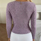 Women Sexy Purple Ribbed Crisscross Long Sleeve T-shirt