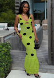 Women Autumn Sexy Knitted Black Polka Dot Tassel Bodycon Maxi Dress