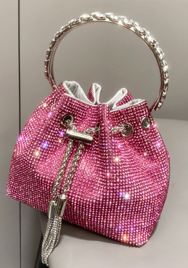 Women's Full Rhinestone Metal Ring Bucket Handbag