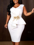 Plus Size Women White Applique V Neck Sleeveless Irregular Ruffle Elegant Formal Party Bodycon Dress