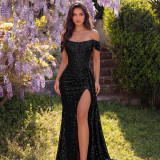 Women's Off Shoulder Sequin High Slit Long Ribbon Formal Party Evening Dress