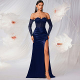 Women's Chic Off Shoulder See-Through Lace Boned Long Sleeve Evening Gown