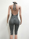 Women Spring/Summer Polka Dot Print Streetchy Halter Neck Backless Jumpsuit