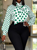 Plus Size Polka Dot Stand Collar Bow Puff Sleeve Loose Slim Fit Chic Career Top