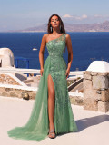 Women's Light Green Slash Shoulder Vine Sequin Long Evening Dress for Wedding Party