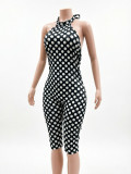 Women Spring/Summer Polka Dot Print Streetchy Halter Neck Backless Jumpsuit