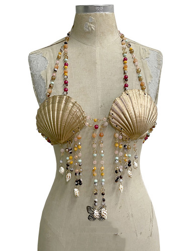 Shell Beaded Color Block Halter Neck Low Back Crystal Tassel Top