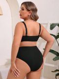 Plus Size Women's Two-Piece Solid Color V-Neck Textured High Waist Bikini Swimwear